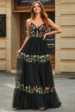 Gorgeous A Line Spaghetti Straps Black Long Prom Dress with Embroidery