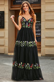 Gorgeous A Line Spaghetti Straps Black Long Prom Dress with Embroidery