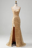 Golden Mermaid Spaghetti Straps Sequined Prom Dress With Slit