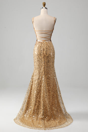Golden Mermaid Spaghetti Straps Sequined Prom Dress With Slit