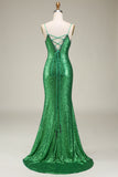 Sparkly Mermaid Spaghetti Straps Green Sequins Long Prom Dress with Split Front