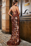 Sparkly Mermaid Spaghetti Straps Golden Sequins Long Prom Dress with Split Front