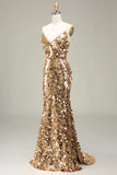 Sparkly Golden Mermaid Sequin Prom Dress With Slit