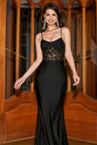 Mermaid Spaghetti Straps Black Corset Prom Dress With Appliques