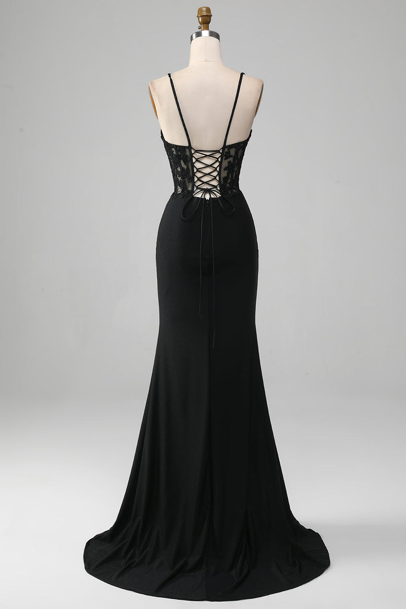 Load image into Gallery viewer, Black Mermaid Spaghetti Straps Corset Prom Dress With Appliques