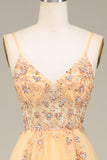 Charming A Line Spaghetti Straps Golden Long Prom Dress with Beading