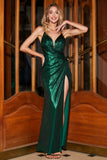 Dark Green Mermaid Spaghetti Straps Long Prom Dress with Open Back