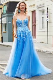 Gorgeous A Line Spaghetti Straps Blue Long Prom Dress with Appliques