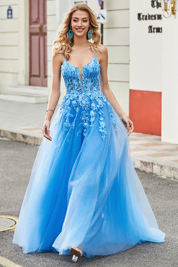 Gorgeous A Line Spaghetti Straps Blue Long Prom Dress with Appliques