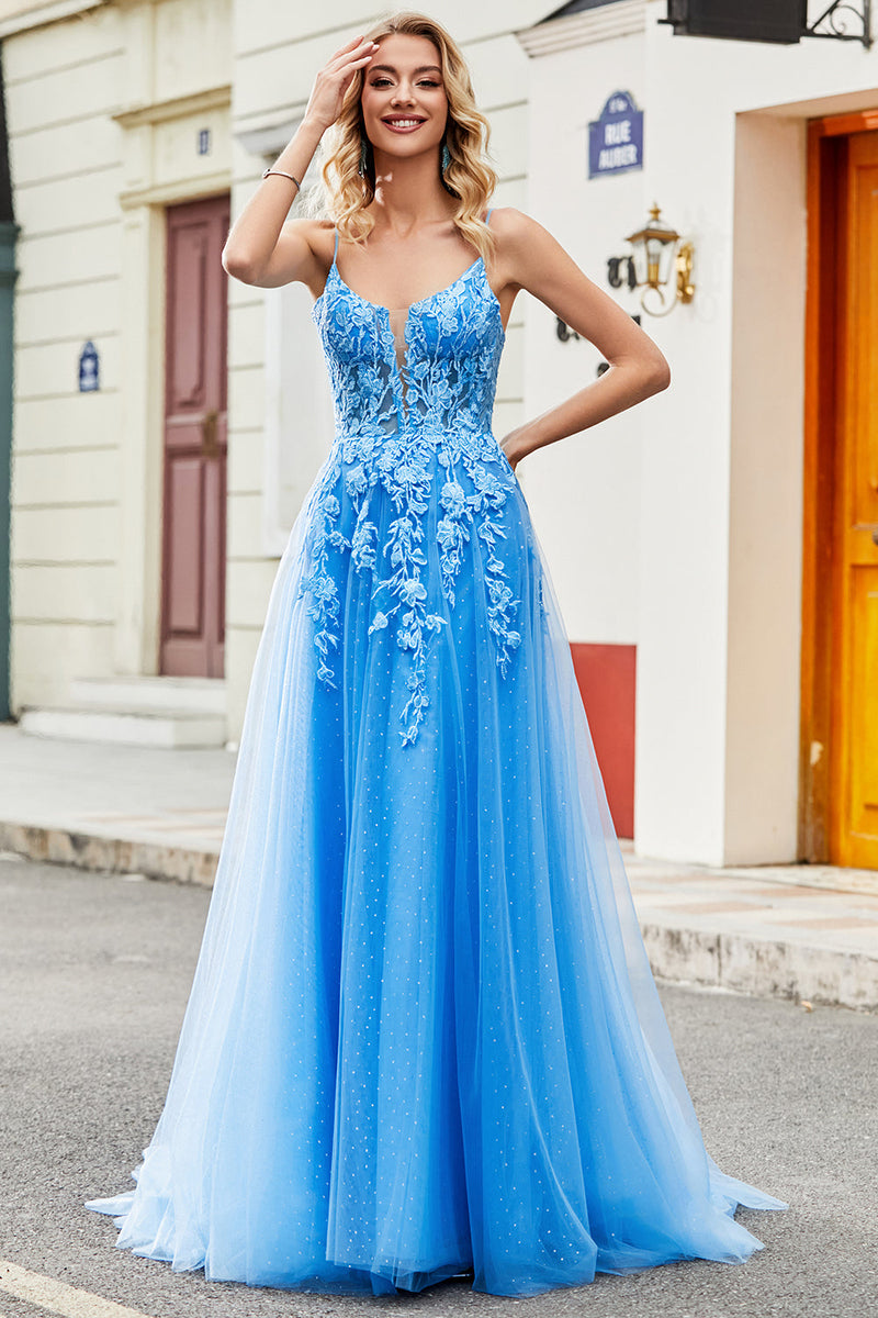 Load image into Gallery viewer, Gorgeous A Line Spaghetti Straps Blue Long Prom Dress with Appliques