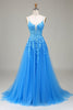 Load image into Gallery viewer, A-Line Spaghetti Straps Blue Tulle Prom Dress With Appliques