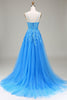 Load image into Gallery viewer, A-Line Spaghetti Straps Blue Tulle Prom Dress With Appliques