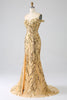 Load image into Gallery viewer, Sparkly Mermaid Off The Shoulder Golden Corset Prom Dress with Slit