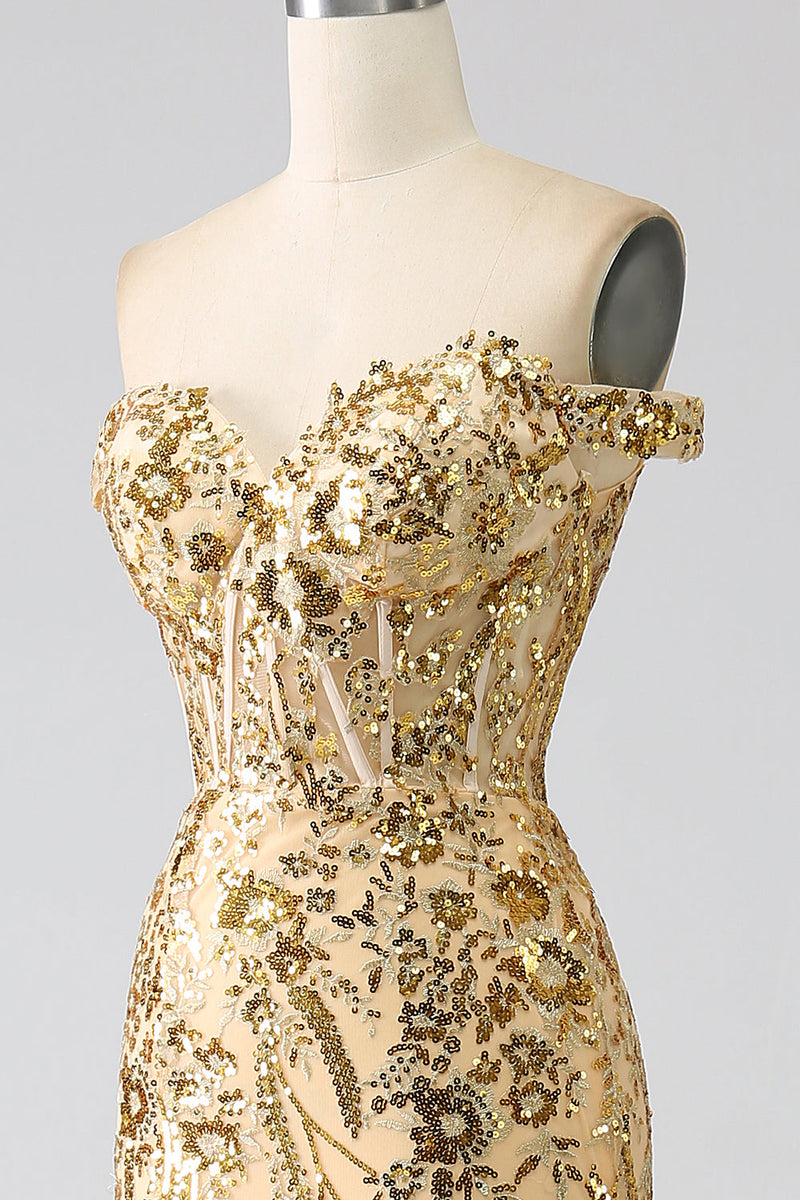 Load image into Gallery viewer, Sparkly Mermaid Off The Shoulder Champagne Corset Prom Dress with Slit