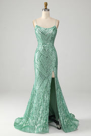 Sparkly Green Sequins Lace-Up Back Long Mermaid Prom Dress with Slit