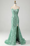 Sparkly Green Sequins Lace-Up Back Long Mermaid Prom Dress with Slit