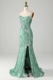 Sparkly Green Sequins Lace-Up Back Long Mermaid Prom Dress with Slit