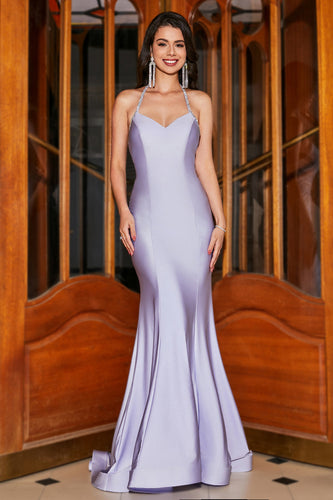 Lilac Mermaid Halter Neck Backless Long Prom Dress