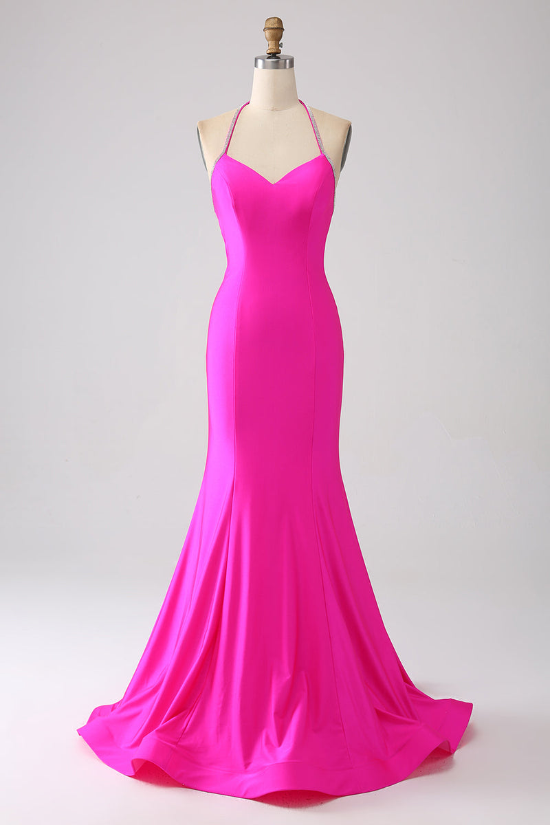 Load image into Gallery viewer, Fuchsia Mermaid Halter Neck Backless Long Prom Dress
