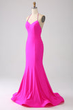 Fuchsia Mermaid Halter Neck Backless Long Prom Dress