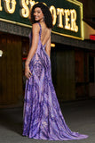 Sparkly Mermaid V Neck Dark Purple Sequins Long Prom Dress with Open Back