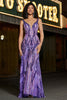 Load image into Gallery viewer, Sparkly Mermaid V Neck Dark Purple Sequins Long Prom Dress with Open Back