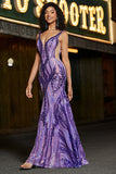 Sparkly Mermaid V Neck Dark Purple Sequins Long Prom Dress with Open Back