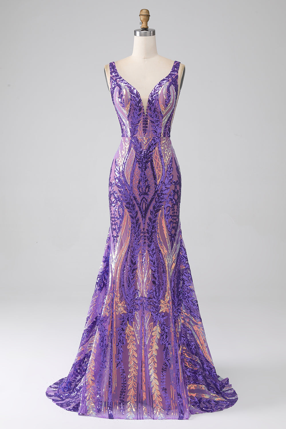 Zapaka Women Dark Purple Mermaid V Neck Sequins Long Prom Dress Dark Purple US26W