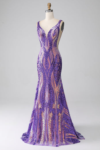 Dark Purple Mermaid V Neck Sequins Long Prom Dress