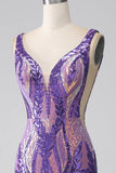 Dark Purple Mermaid V Neck Sequins Long Prom Dress