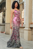 Stunning Mermaid Spaghetti Straps Fuchsia Sequins Long Prom Dress with Backless