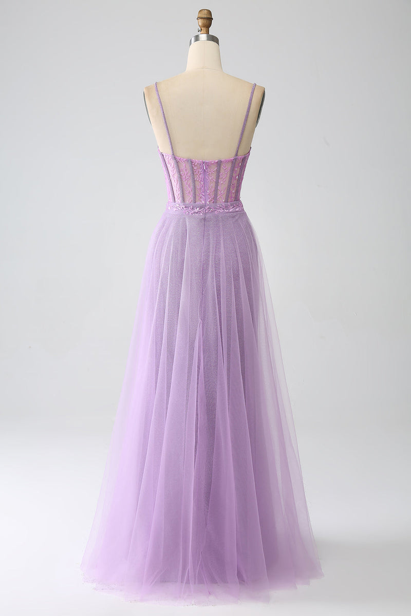 Load image into Gallery viewer, A-Line Lilac Spaghetti Straps Long Corset Prom Dress