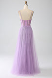 A-Line Lilac Spaghetti Straps Long Corset Prom Dress