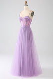 A-Line Lilac Spaghetti Straps Long Corset Prom Dress