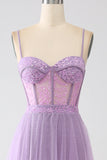 A-Line Lilac Spaghetti Straps Long Corset Prom Dress