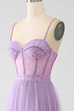 A-Line Lilac Spaghetti Straps Long Corset Prom Dress