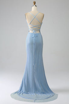 Mermaid Blue Long Prom Dress with Slit