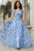 Load image into Gallery viewer, Blue A-Line Printed Adjustable Straps Long Prom Dress