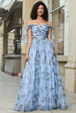 Blue A-Line Printed Adjustable Straps Long Prom Dress