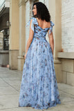 Blue A-Line Printed Adjustable Straps Long Prom Dress