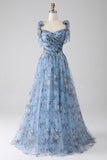 A-Line Blue Printed Adjustable Straps Long Prom Dress