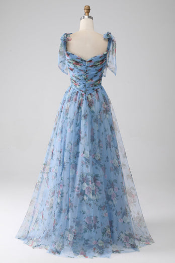 A-Line Blue Printed Adjustable Straps Long Prom Dress