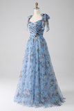 A-Line Blue Printed Adjustable Straps Long Prom Dress