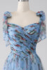 Load image into Gallery viewer, A-Line Blue Printed Adjustable Straps Long Prom Dress