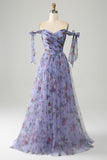 A-Line Blue Printed Adjustable Straps Long Prom Dress