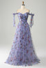 Load image into Gallery viewer, Blue A-Line Printed Adjustable Straps Long Prom Dress