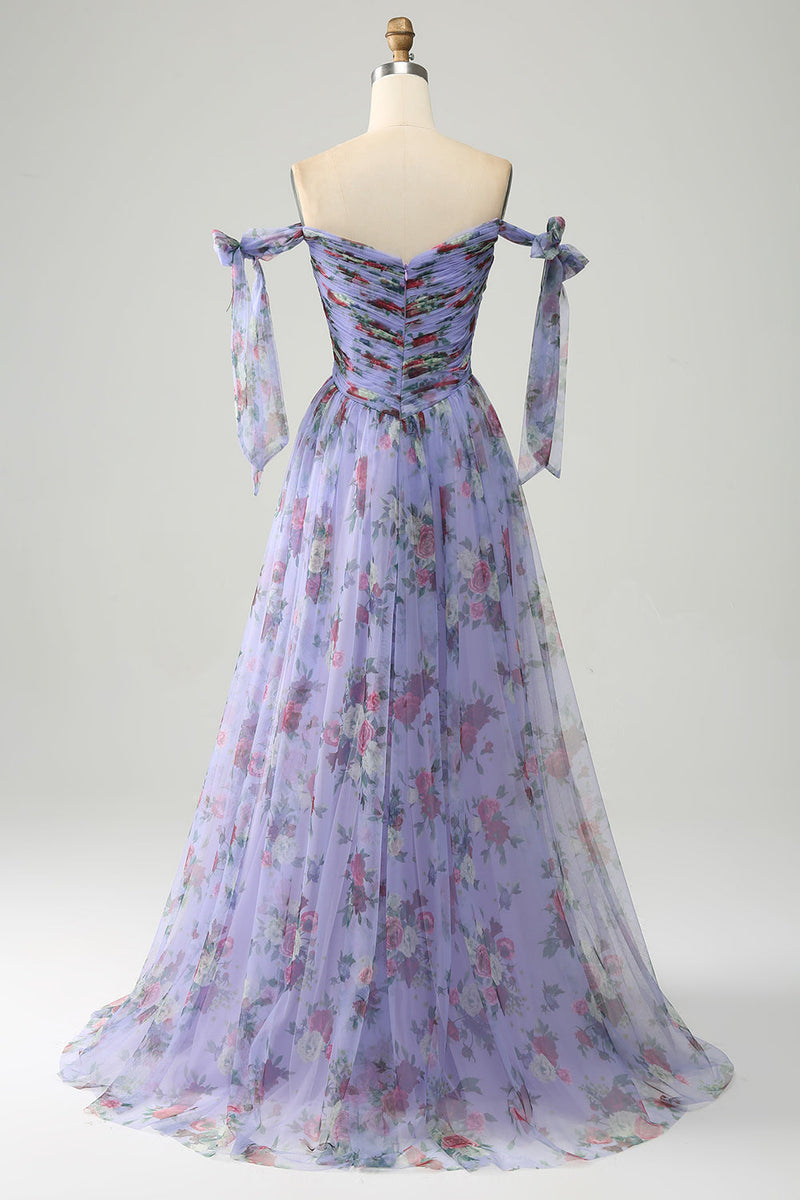 Load image into Gallery viewer, Lavender Floral Print Tulle Prom Dress with Pleated