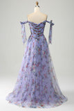 Lavender Floral Print Tulle Prom Dress with Pleated