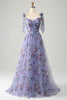 Load image into Gallery viewer, Lavender Floral Print Tulle Prom Dress with Pleated