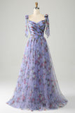 Lavender Floral Print Tulle Prom Dress with Pleated